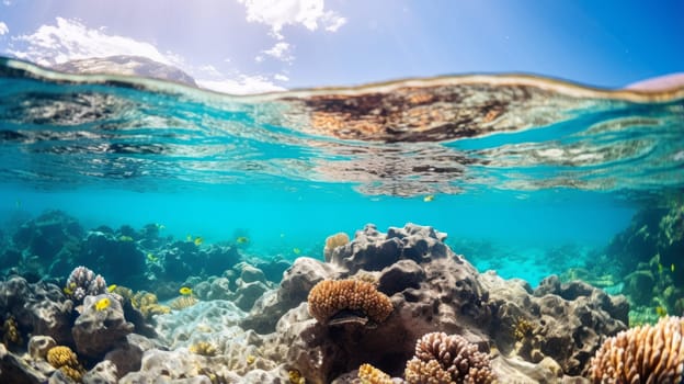 Vibrant coral reef seen from below the clear ocean surface