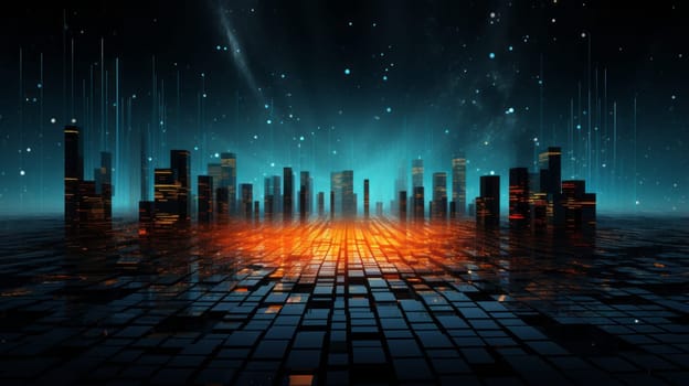 Futuristic cityscape with bright lights and stars in the sky