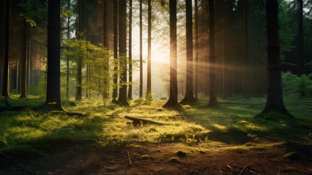 Tranquil forest clearing with the sun casting a warm glow