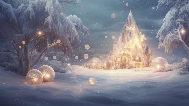 Sparkling lights and ornaments on a magical snowy backdrop