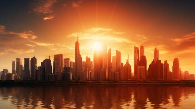 Urban cityscape with the sun setting behind iconic landmarks