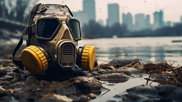 A close up of a gas mask in a polluted environment