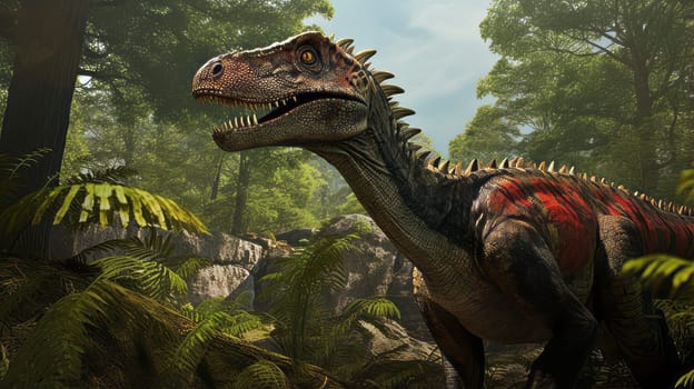 A detailed illustration of a Dilophosaurus in a forest setting