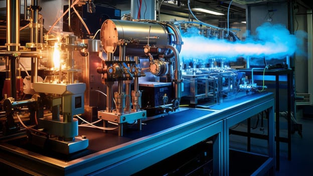 Factory filled with lots of machines and blue smoke