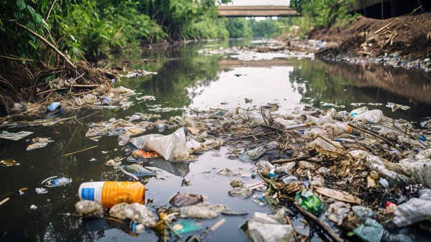 A polluted river with trash and debris floating on the surface