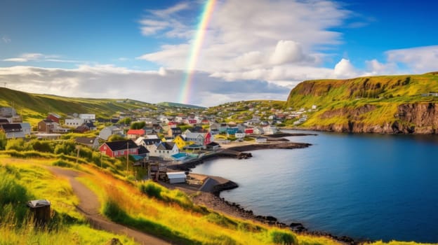A rainbow illuminating a serene coastal village