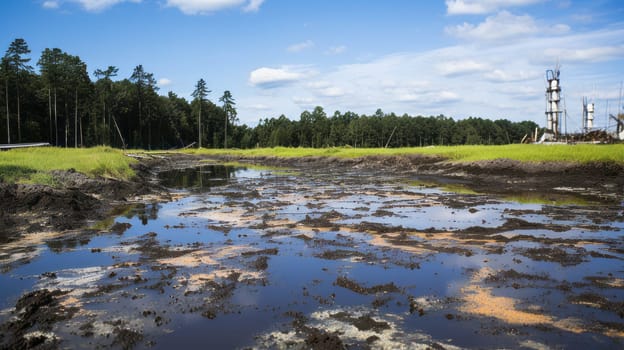 A polluted wetland with oil contamination