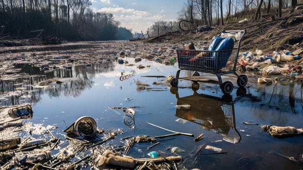 A polluted river with abandoned shopping carts