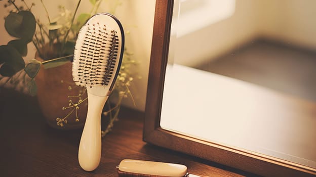 A hairbrush and mirror on a dressing table