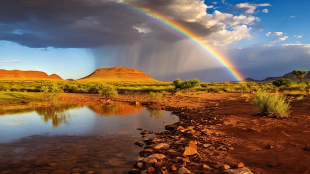 A rainbow forming above a serene desert oasis