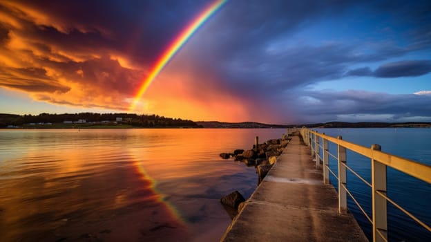 A rainbow over a picturesque seaside pier
