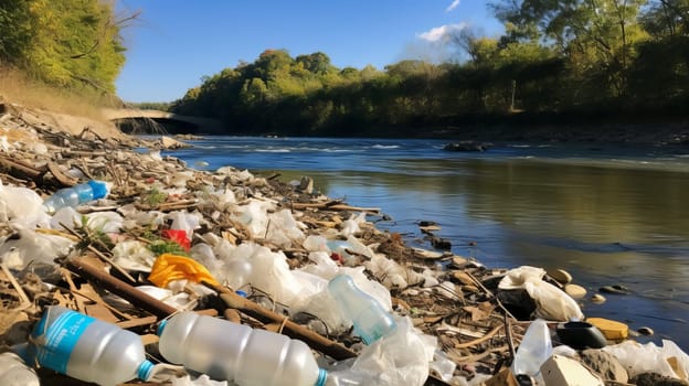 A riverbank strewn with plastic bottles and bags