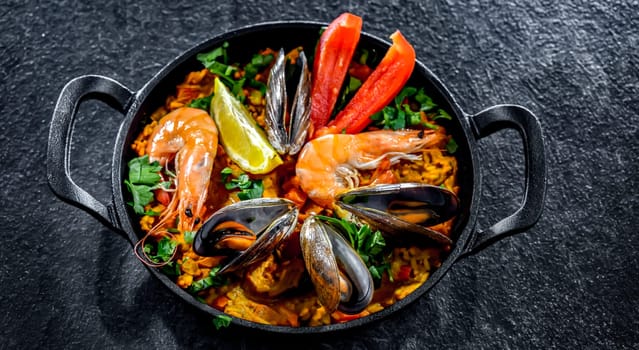 Seafood paella served in a cast iron pan.