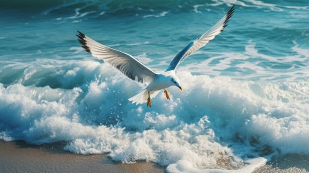 Seagulls gliding above the ocean waves, catching the breeze