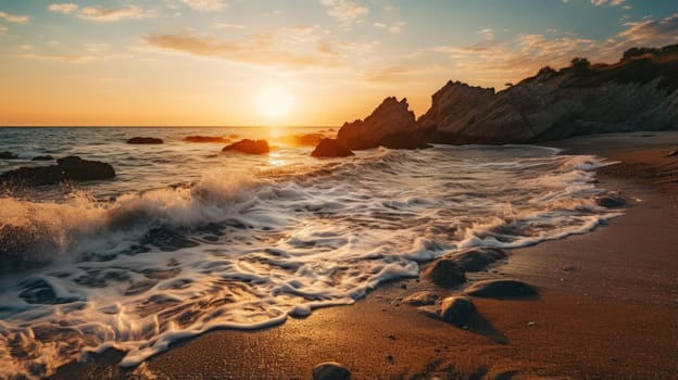 Seashore during golden hour, bathed in warm sunlight