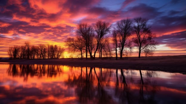 Silhouetted trees along a riverbank during a colorful sunset