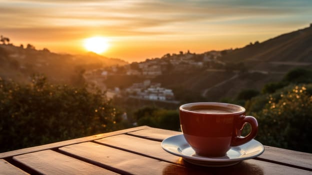 Sip of coffee against a sunrise backdrop, embracing the morning ritual