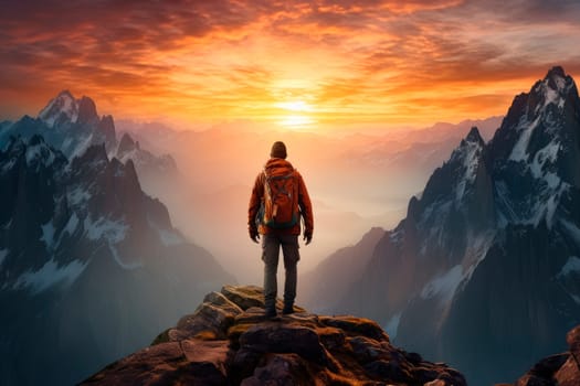 Tourist man hiker on top of the mountain. Active life concept.AI generated