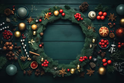 Top flat lay perspective showcasing modern Christmas decorations