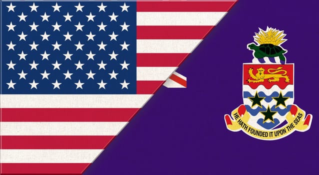 Flags of USA and Cayman Islands. American and Cayman Islands national flags on fabric surface. Flag of USA and Cayman Islands- 3D illustration. Two Flag Together - Fabric Texture