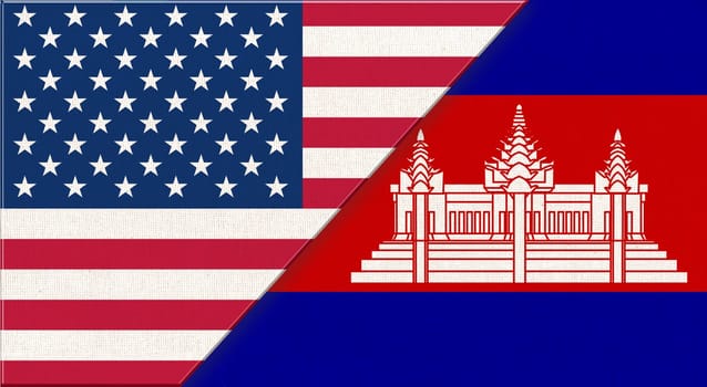 Flags of USA and Cambodia. American and Macau national flags on fabric surface. Flag of USA and Cambodia - 3D illustration. Two Flag Together - Fabric Texture