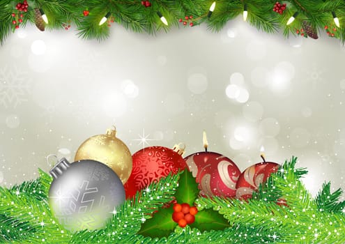 Christmas Card with Christmas Ornaments and Tree Branches on Background with Bokeh Effect - Colored Illustration