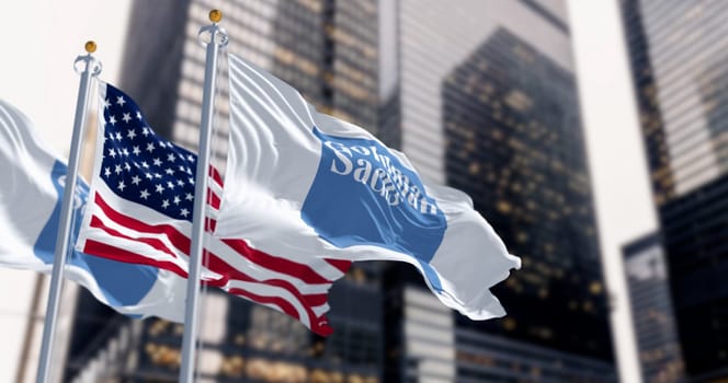 New York, US, Aug. 1 2023: Golman Sachs bank and the United States flags waving in a financial district. Illustrative editorial 3d illustration. Finance and banking