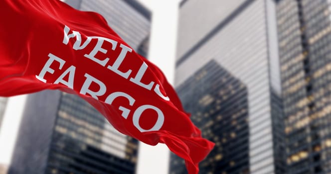 San Francisco, US, Aug. 1 2023: Close-up of Wells Fargo bank flag waving in a financial district. Illustrative editorial 3d illustration. Finance and banking