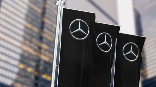 Stuttgart, DE, Aug 20 2023: Three black vertical banners with Mercedes logo waving in the wind. German luxury and commercial vehicle automotive brand. Illustrative editorial 3d illustration render