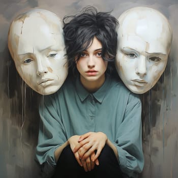 Mask with a sad unhappy face, identity disorder, borderline and Schizophrenia, multiple personality, mental health and depression