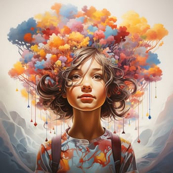 Human mind with flowers and leaves growing from a tree, positive thinking, creative mind, self care and mental health concept