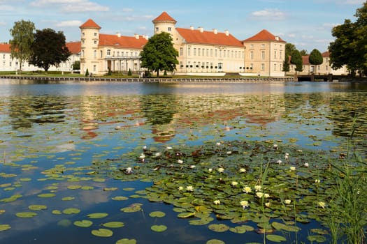Schloss Reinsberg mit Seerosen auf dem See davor.