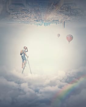 Surreal scene with a man climbing a ladder above the clouds. Wonderful adventure scene