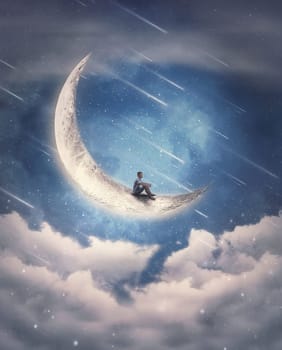 Dreamy scene with a boy seated on the crescent moon watching at the falling stars on the night sky. Magical and surreal view, adventure concept