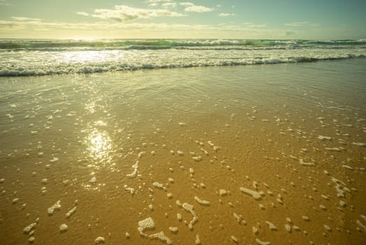 Pastel colors as surf waves break and roll across sandy beach with the sun glistening in the shallow foamy water. Early morning at Kawana, Sunshine Coast, Queensland tourist destination.