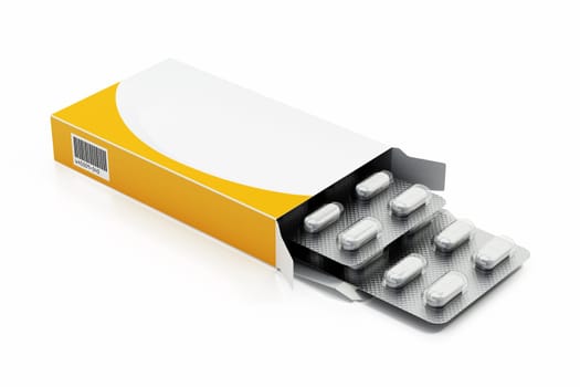 Generic pill pack with blister capsule isolated on white background. 3D illustration.