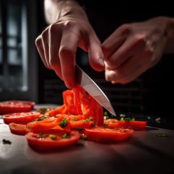 hands of the cook cutting tomatoes on the board.Healthy organic tomatoes sliced.Generative AI