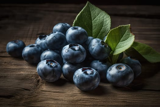 fresh blueberries on a wooden table close-up. Generative AI