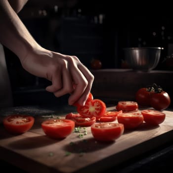 hands of the cook cutting tomatoes on the board.Healthy organic tomatoes sliced.Generative AI