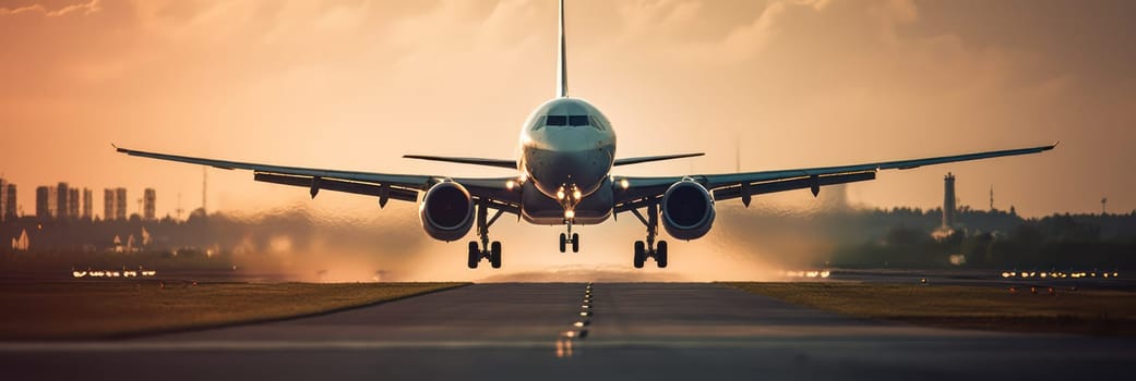 A large jet liner takes off from an airport runway at sunset or dawn with landing gear extended.generative AI.