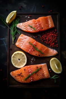 pieces Raw salmon fillet with spices on black slate. view from above. Generative AI