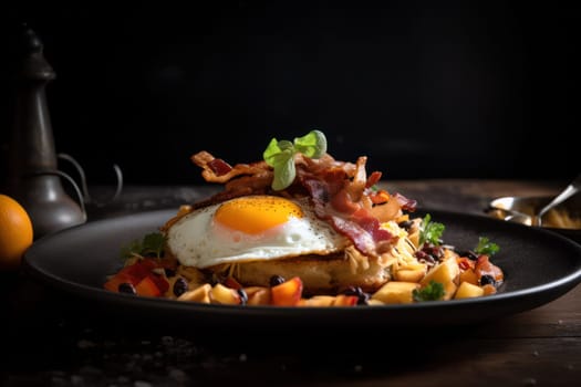 pancakes with scrambled eggs with fried bacon on a wooden table.rustic style.Generative AI