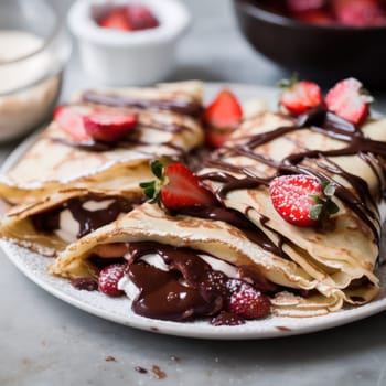 thin pancakes with chocolate paste and strawberries.Generative AI