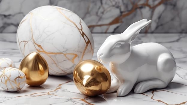 an artistic product. Rabbits and eggs made of white marble and gold. Jewelry, design, jewelry. concept of the holiday. Easter. generative AI
