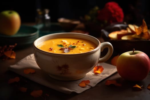 Pumpkin soup with cream, parsley, croutons and pumpkin seeds on a dark background. Generative AI