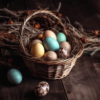 Congratulatory Easter background. Easter eggs on a white tablecloth and flowers in a vase.Generative AI
