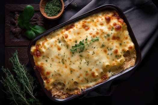 Homemade delicious lasagna with spinach and mushrooms in a baking dish on a stone background. View from above . generative AI