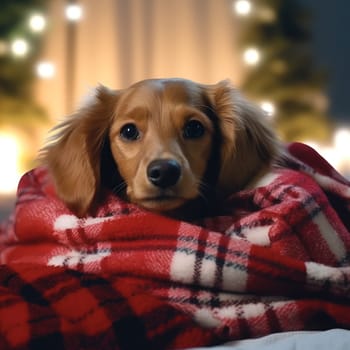 a dog with a warm cozy blanket against the background of Christmas illumination.Generative AI