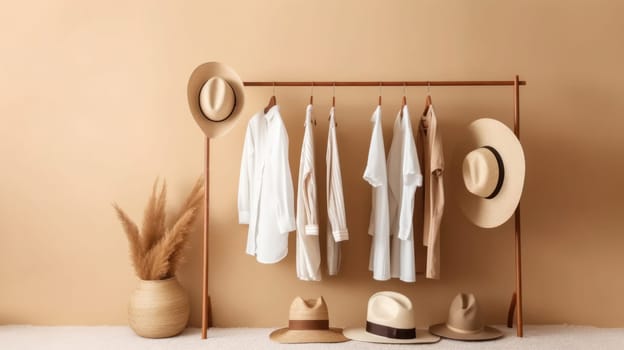 Summer wardrobe. capsule summer wardrobe in a white room. Neural network AI generated