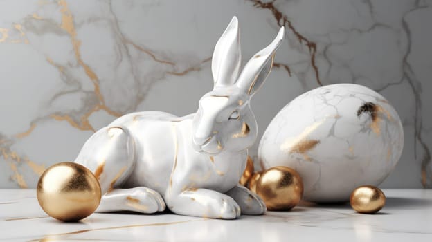 an artistic product. Rabbits and eggs made of white marble and gold. Jewelry, design, jewelry. concept of the holiday. Easter. generative AI